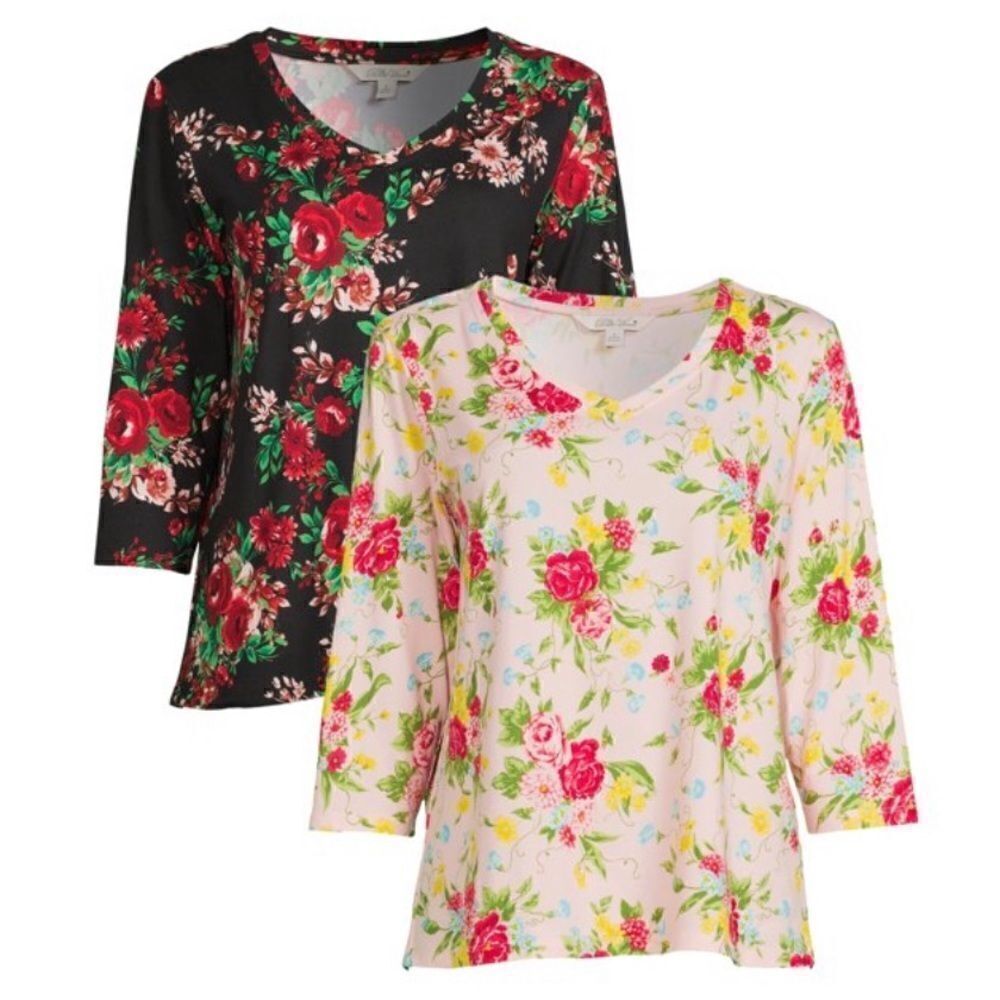 Pioneer Woman Dark Floral & Sweet Rose Long Sleeve V-Neck T Shirts 2 Pk SM - NWT
